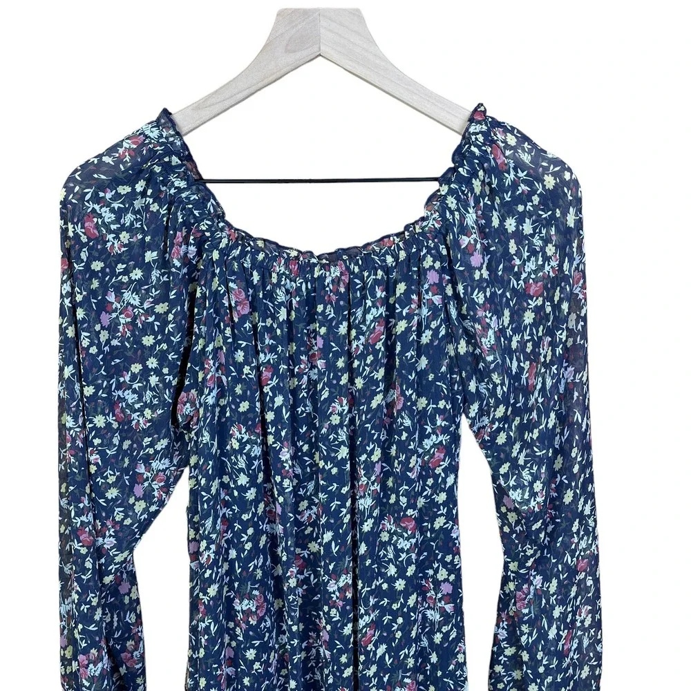 American Rag Cie Sheer Sleeve Floral Mini Dress M Elastic Waist Babydoll Boho‎